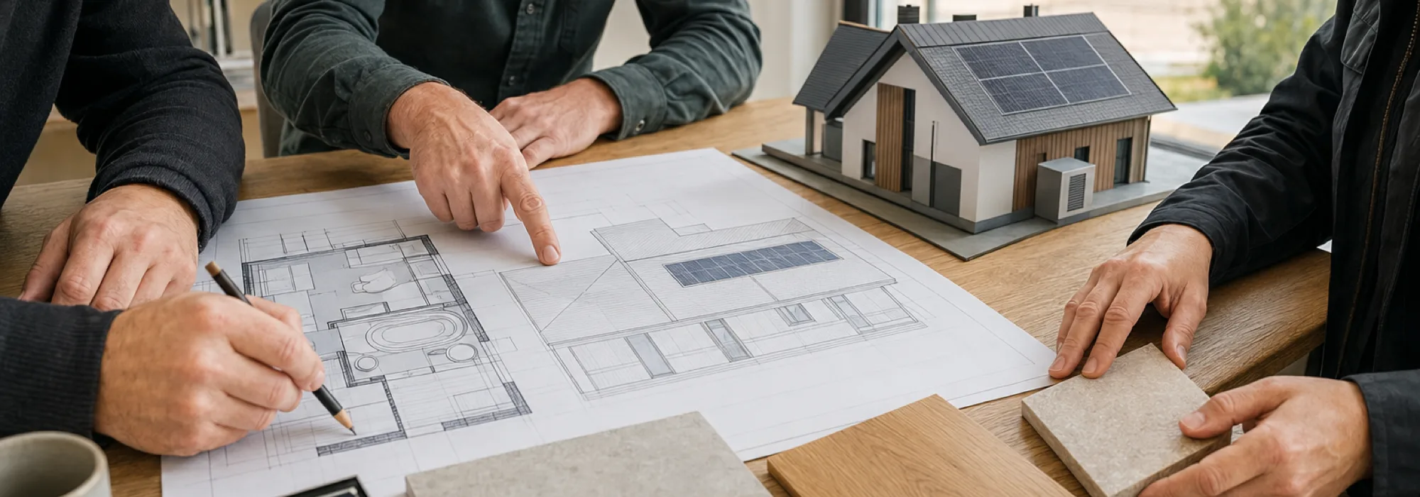 Beratung am Tisch: Bauplan, Hausmodell mit Photovoltaik und Materialproben