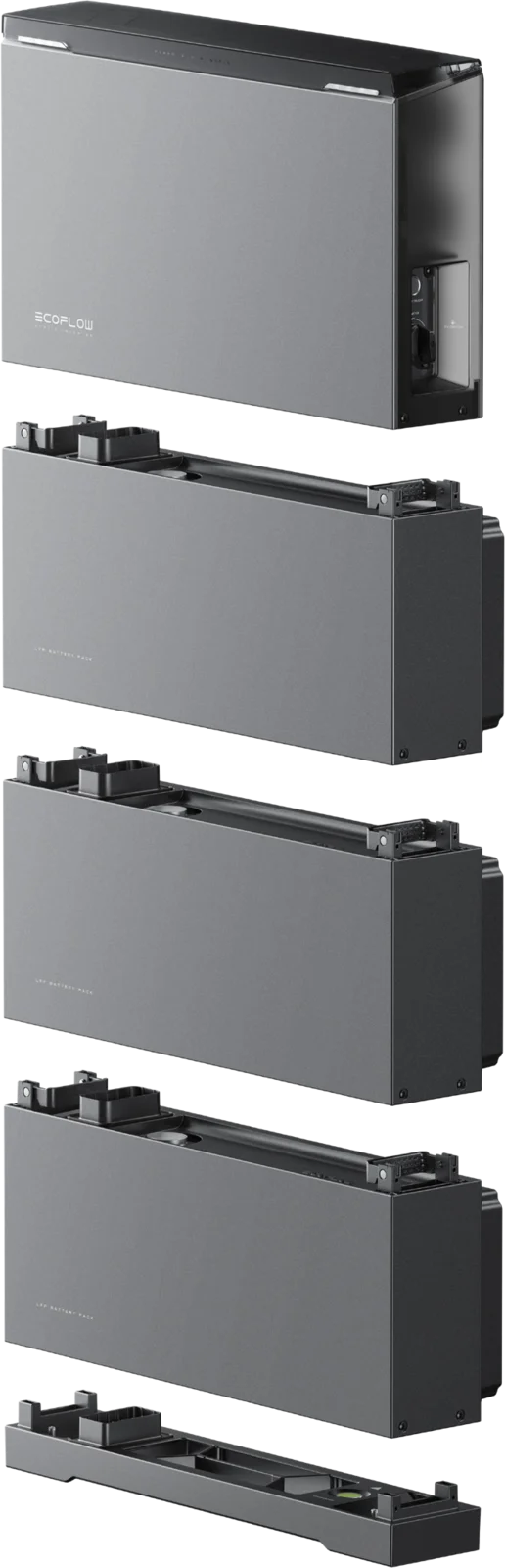 Komponenten des EcoFlow OCEAN 2 übereinander: Hybrid-Wechselrichter, drei Batteriemodule und Sockel