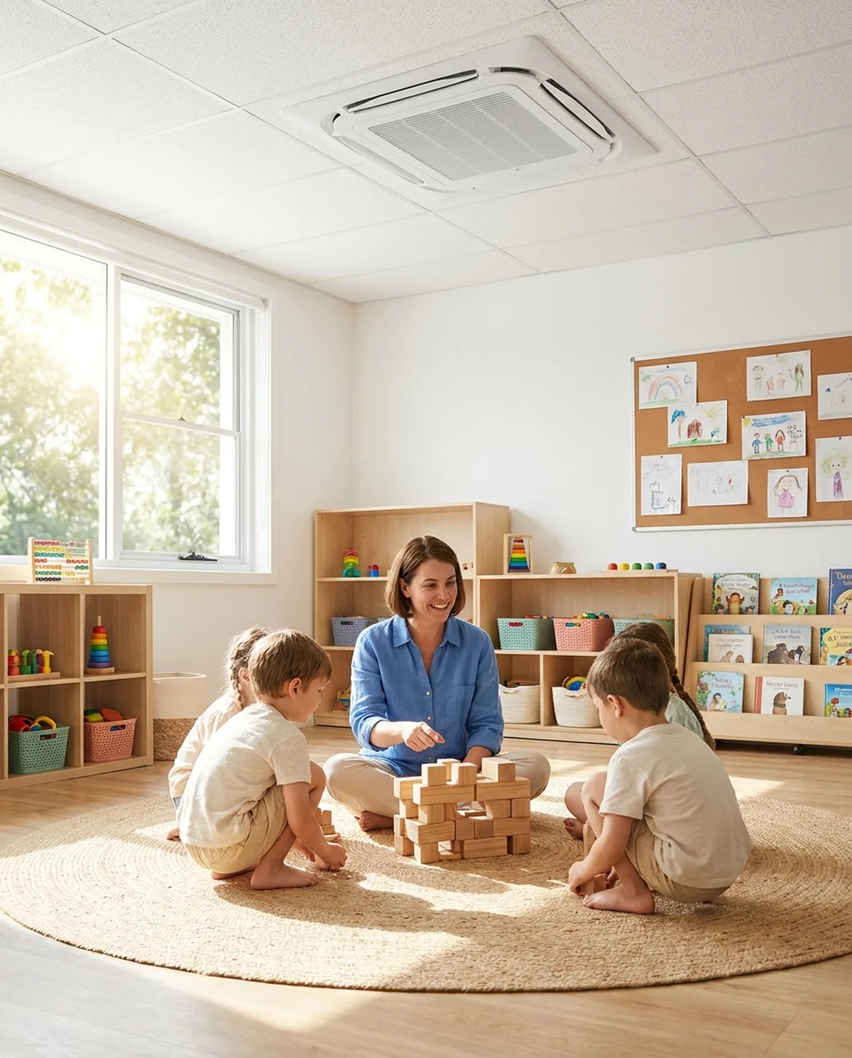 Heller Gruppenraum einer Kita mit Deckenklimagerät, Erzieherin spielt mit Kindern auf dem Teppich