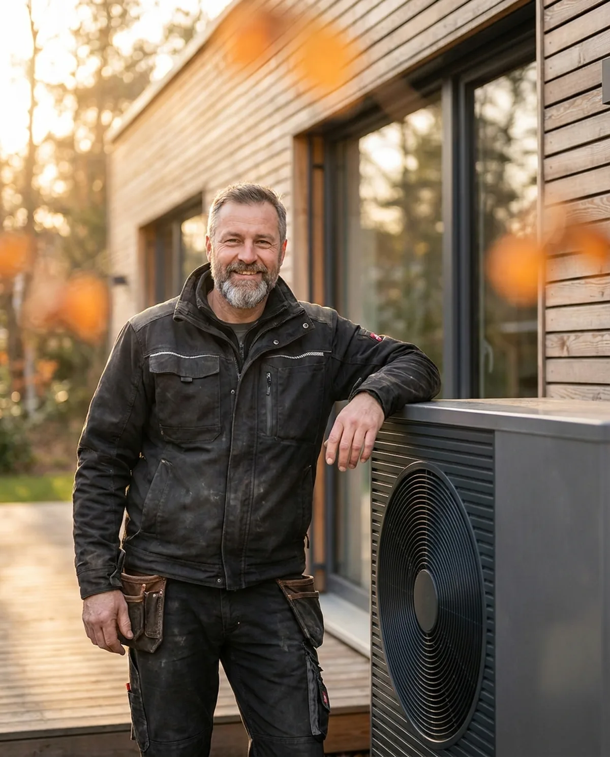 Handwerker lehnt an einer Wärmepumpen-Außeneinheit vor einem modernen Holzhaus