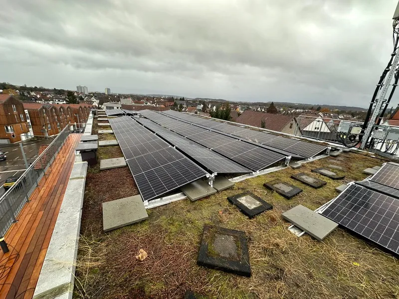 Aufgeständerte Photovoltaikmodule auf einem begrünten Flachdach