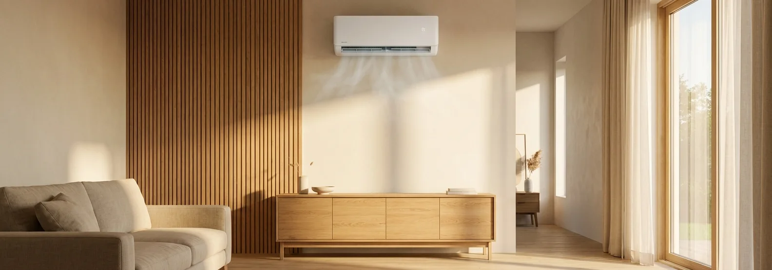 Modernes Wohnzimmer mit wandmontierter Klimaanlage über einer Eichenholz-Kommode